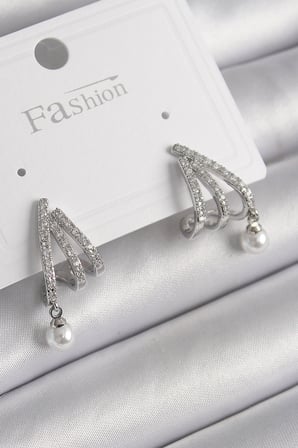 Pirinç Gümüş Renk Zirkon Taşlı Pençe Model İnci Detay Kadın Küpe 5886