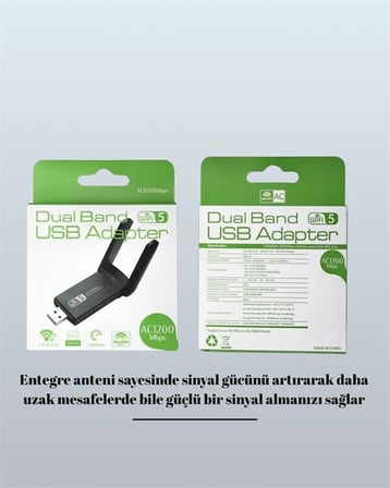 Yüksek Hızlı 1200 Mbps Çift Bant USB WiFi Adaptör – Güçlü Sinyal Geniş Uy
