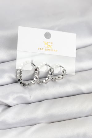 Pirinç Gümüş Renk Zirkon Taşlı Petek Halka Model YSX Trio Küpe Seti 5886