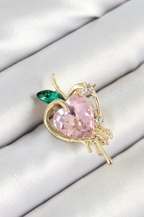Pembe Ve Yeşil Zirkon Taşlı 3D Eriyen Kalp Figürlü Gold Renk Kadın Broş 5886