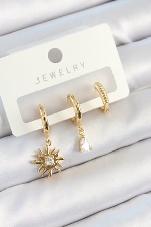 Pirinç Zirkon Taşlı Güneş Model Gold Renk 3'lü Çift Kadın Küpe Set 588