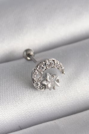 316L Çelik Gümüş Renk Zirkon Taşlı Ay Yıldız Tragus Piercing 5886
