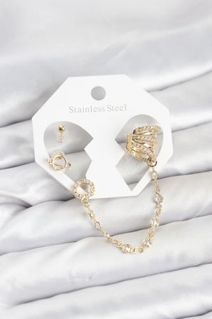Uzay Model Pirinç Gold Renk Zincir Bağlantılı Ear Cuff Küpe Seti 5886
