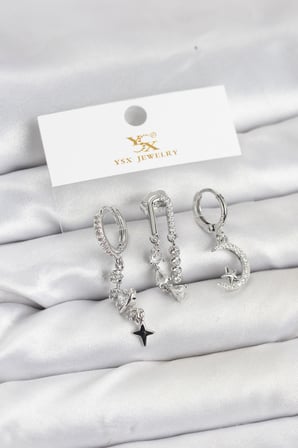 Pirinç Gümüş Renk Zirkon Taşlı Uzay Model YSX Trio Küpe Seti 5886