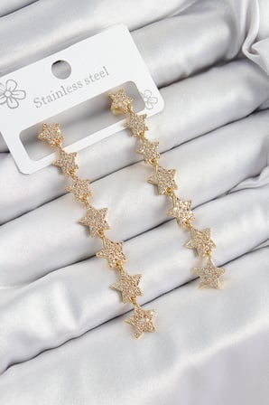 Pirinç Zirkon Taşlı Sallantılı Yıldız Model Gold Renk Kadın Küpe 5886