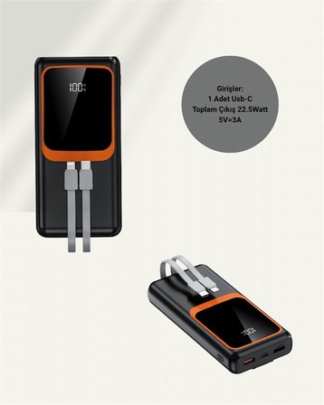 Taşınabilir Şarj Cihazı 20000 mAh | 22.5W Hızlı Şarj + Dijital Ekran + Kablo 