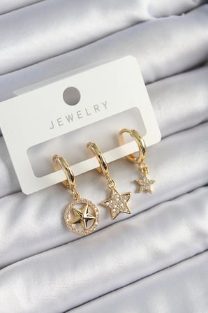 Pirinç Zirkon Taşlı Yıldız Model Gold Renk 3'lü Çift Kadın Küpe Set 58