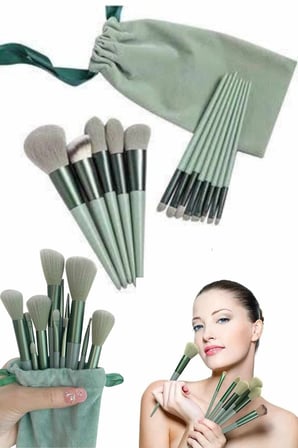 Makyaj Fırça Seti Yeşil 13 Parça Fondöten Fırçası Allık Fırçası Far Fır