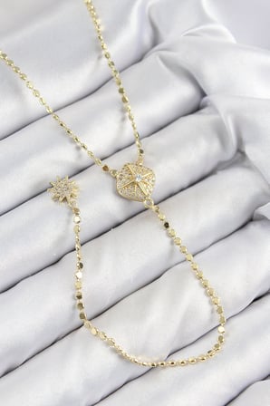 Pirinç Zirkon Taşlı Ezme Zincirli Madalyon Model Gold Renk Y Kolye 5886