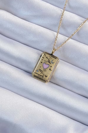 316L Çelik Zincir Eskitme Altın Renk Pembe Mineli Kalp Figürlü Tarot Kolye 5886