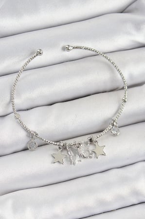 Pirinç Zirkon Taşlı Kelebek Ve Yıldız Model Gümüş Renk Charm Bileklik 5886