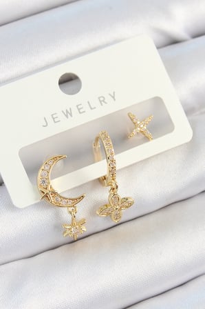 Pirinç Zirkon Taşlı Çiçek Ve Ay Model Gold Renk 3'lü Çift Kadın Küpe S