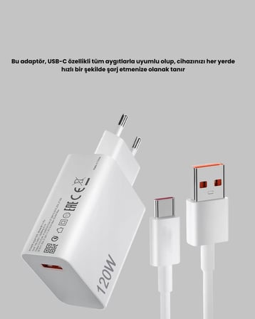 120W Ultra Hızlı Şarj Adaptörü USB-C Destekli Güçlü Şarj Teknolojisi