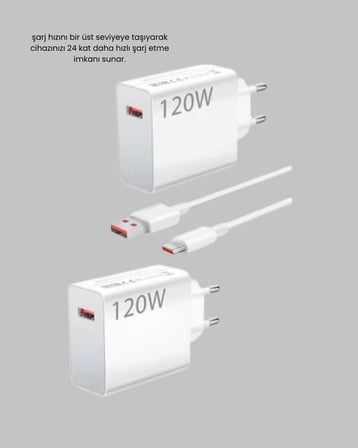 120W Ultra Hızlı Şarj Adaptörü USB-C Destekli Güçlü Şarj Teknolojisi