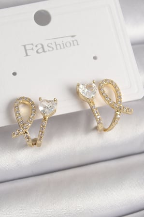 Pirinç Gold Renk Düğüm Model Zirkon Taşlı Kalp Detay Kadın Küpe 5886