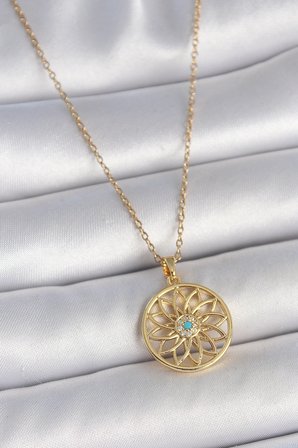 316L Çelik Gold Renk Zincr Mavi Taşlı Lotus Model Kadın Kolye 5886