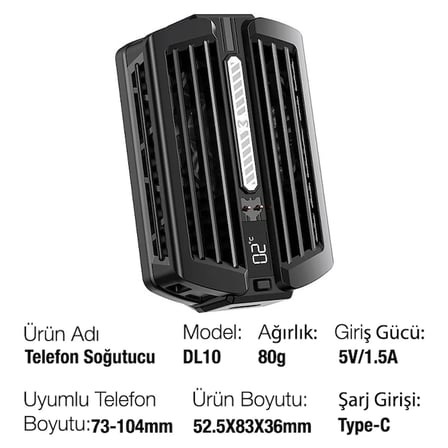 DL10 Dijital Gösterge 2000mAh Powerbankli Telefon Soğutucu Fan Radyatör-(5775)