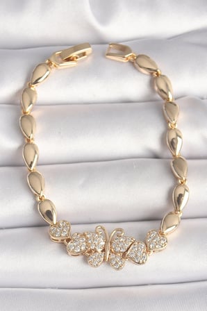 Pirinç Gold Renk Zirkon Taşlı Kelebek Figür Damla Zincir Model Kadın Bileklik 5