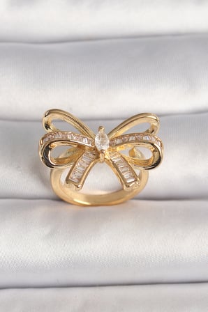Pirinç Gold Renk Ayarlanabilir Zirkon Taşlı Kurdele Model Kadın Yüzük 5886