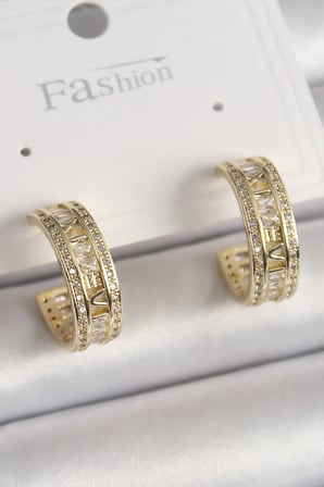 Pirinç Gold Renk Zirkon Taşlı İşleme Detay Halka Model Kadın Küpe 5886