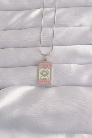 316L Çelik Gümüş Renk Pembe Mineli Ay Figür Tarot Kolye 5886