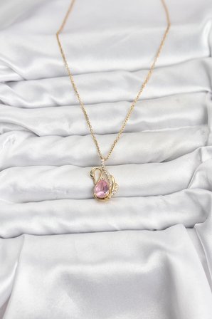 316L Çelik Zincir Gold Renk Pembe Kuğu Model Zirkon Taşlı Kadın Kolye 5886