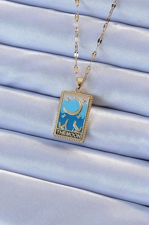 316L Çelik Zincir Altın Renk Mavi Mineli Ay Figür Tarot Kolye 5886