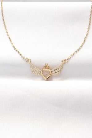 316L Çelik Gold Renk Zirkon Taşlı Kalpli Kanat Kolye 5886