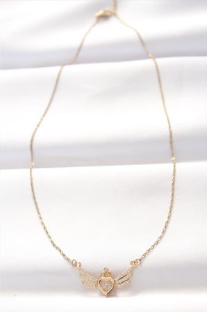 316L Çelik Gold Renk Zirkon Taşlı Kalpli Kanat Kolye 5886
