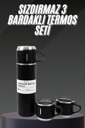 Termos Seti Paslanmaz Çelik 3 Bardaklı Vakumlu Termos Set 500 Ml 12 Saate Kadar Is