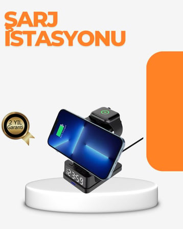 4’ü 1 Arada Kablosuz Şarj İstasyonu – LED Saat Ekranlı Apple Uyumlu Akıllı