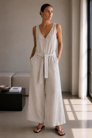 Keten Dokulu Kuşaklı Tulum