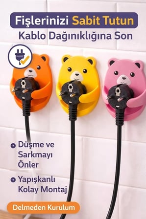 4'lü Renkli Ayı Desenli Kablo Tutucu Yapışkanlı Fiş Askısı Priz Düzenleyici Organizer 7.6x5.4