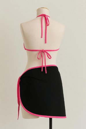 Vitaliselanfashion Kadın Fuşya Siyah Pareolu Yandan ve Boyundan Bağlamalı 3'lü Bikini Takımı