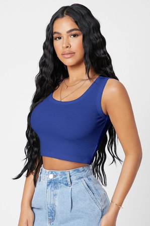 Kadın Lacivert Kare Yaka Crop Top Bluz