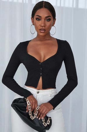 Kadın Siyah Uzun Kollu Düğmeli Göğüs ve Göbek Dekolteli Crop Top Bluz