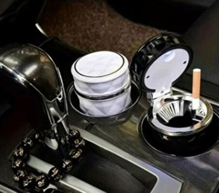 Kristal Pırlanta Taş Görünümlü Mavi Led Işıklı Lüx Oto Küllük Kapaklı Araç İçi Küllük Beyaz