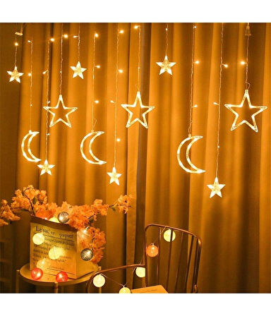 Ay Hilal Yıldız Led Günışığı Ramazan Bayramı Yeni Yıl 3 Metre Sarı Fişli 12 Saçak 8 Mod