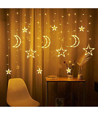 Ay Hilal Yıldız Led Günışığı Ramazan Bayramı Yeni Yıl 3 Metre Sarı Fişli 12 Saçak 8 Mod