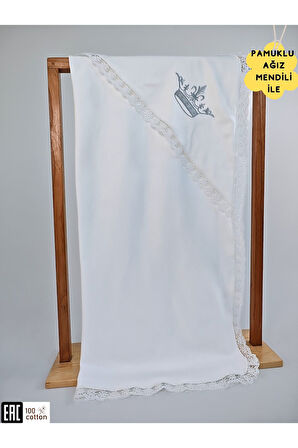 Ekru %100 Pamuklu Erkek Bebek Battaniyesi Nakışlı Dantelli Puset Örtüsü Hediyelik Yenidoğan 85x85cm