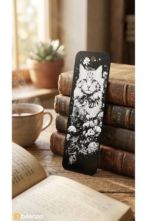 Sanatsal Kedi ve Çiçek Figürlü Kabartma Dokulu Kitap Ayracı - Mat Siyah Şık Kitap Aksesuarı
