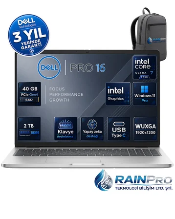 Dell Pro 16 Intel Core Ultra 7 255U 5.2ghz 40 GB DDR5 2 TB SSD Intel® Aı Boost 16 Inç IPS Wuxga Windows 11 Pro Taşınabilir Bilgisayar BTO107PC16250RNP12