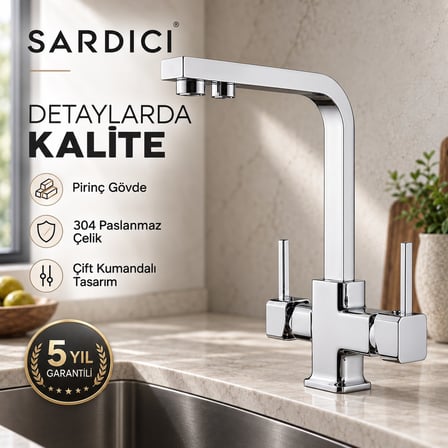 Sardıcı Ramon 3 Yollu Arıtmalı Mutfak Bataryası Pirinç Gövde 5 Yıl Garantili