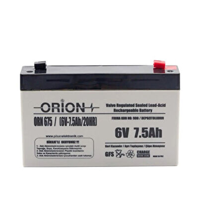 Orion 6V 7.5AH Bakımsız Kuru Akü