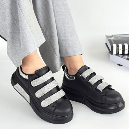 Elika Siyah Cilt Simli Cırt Cırtlı Spor Ayakkabı