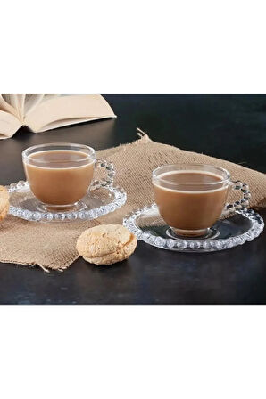 6 Kişilik 12 Parça Incili Boncuklu Çay Kahve Fincan Takımı