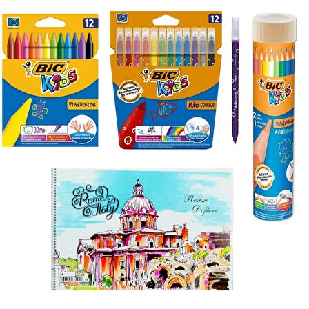 Bic Pastel Boya Keçeli Boya Metal Tüp Kuru Boya 12 li ve Resim Defteri