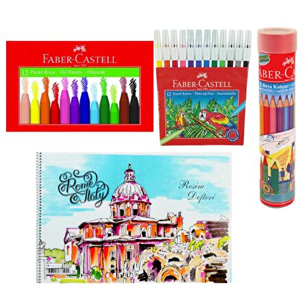 Faber Castell Pastel Boya Keçeli Boya Metal Tüp Kuru Boya 12 li ve Resim Defteri