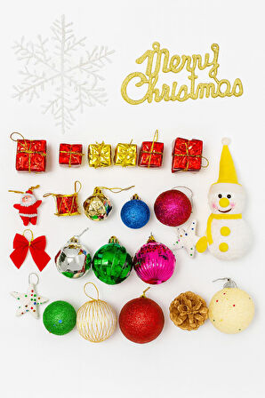 25 Parça Büyük Boy Yılbaşı Ağacı Süs Seti – Renkli Noel Süsleri, Hediye Kutuları, Toplar ve Figürler