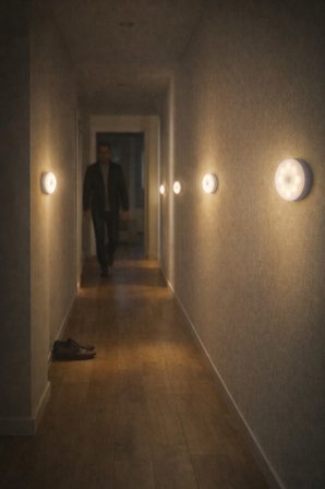 1 Adet Hareket Sensörlü Beyaz Işık Led Gece Lambası – Kablosuz 8 Ledli | Merdiven, Koridor, Yatak Od